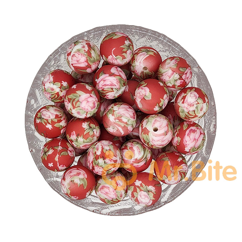 15mm Flower Print Silicone Beads - Round