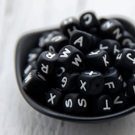 Square Silicone Black Letters Beads 12*12mm