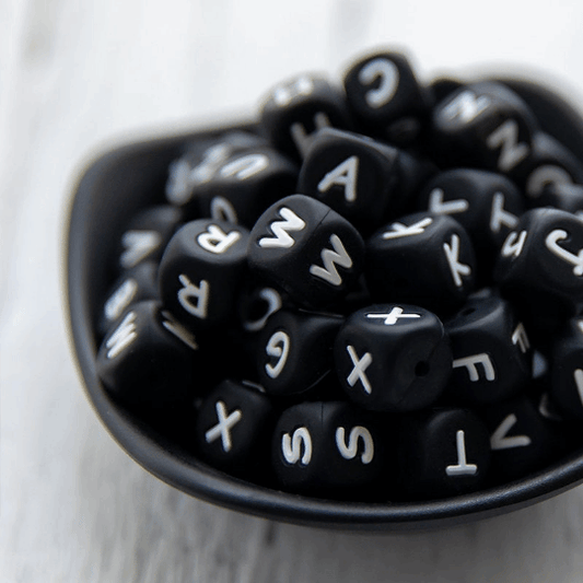 Square Silicone Black Letters Beads 12*12mm