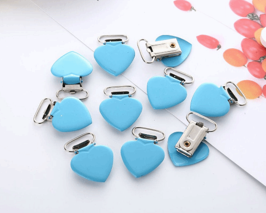 Blue Metal Love Heart Pacifier Clips