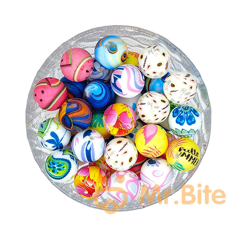 15mm New Round Print Silicone Beads