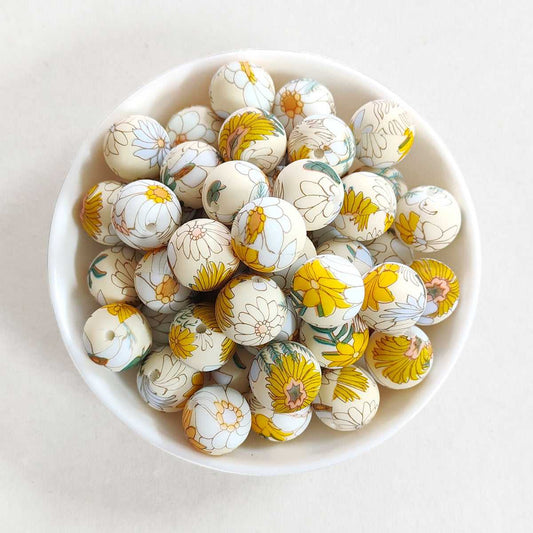 12/15mm Flower Print Silicone Beads - Round - #75