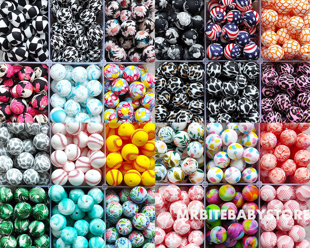 12/15mm Print Silicone Beads, #79 - #123