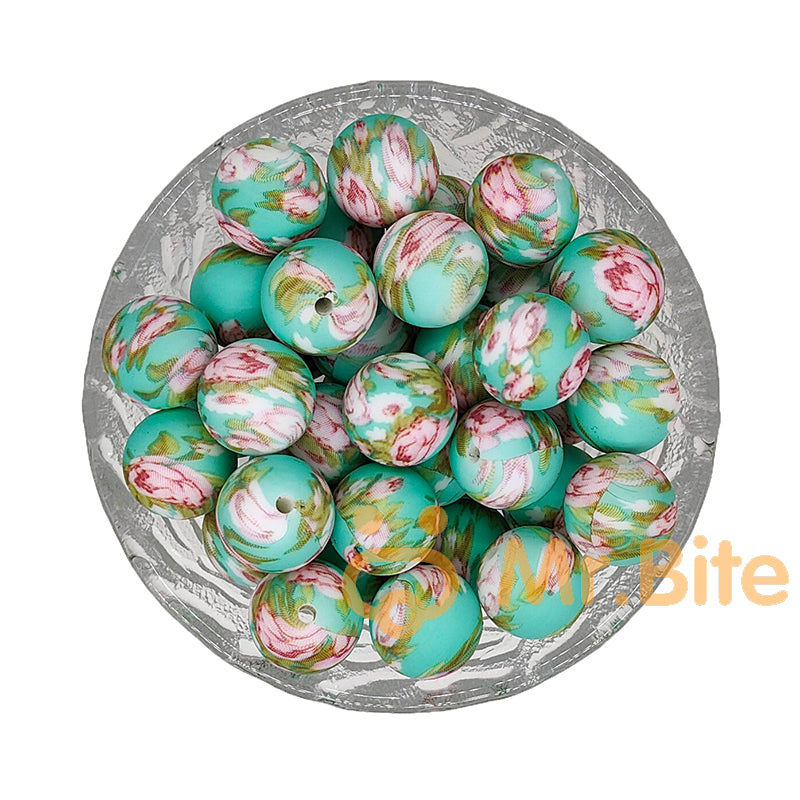 15mm Flower Print Silicone Beads - Round