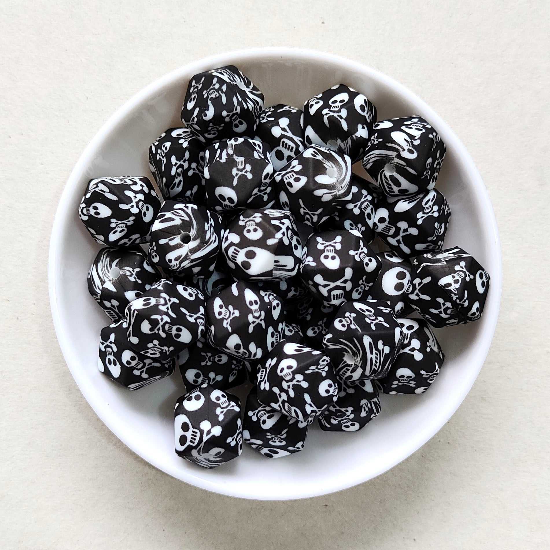 14mm Skull Print Silicone Beads - Hexagon - #14