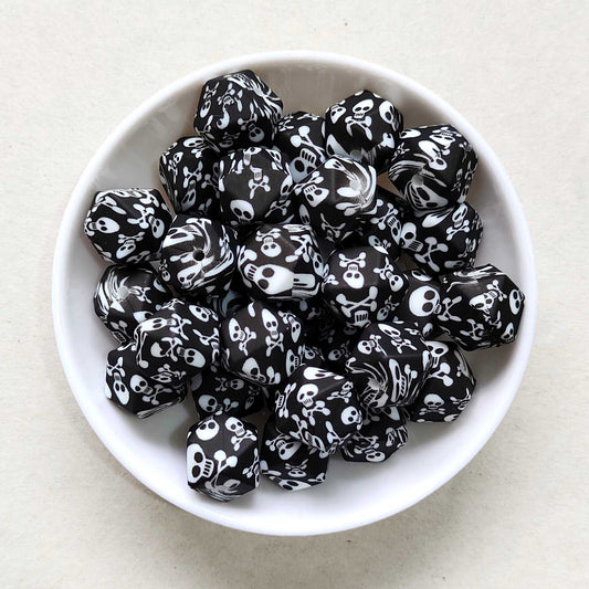 14mm Skull Print Silicone Beads - Hexagon - #14