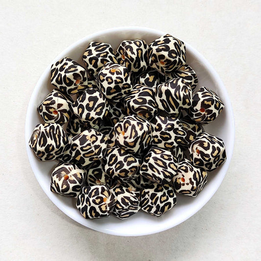 14mm Yellow Leopard Print Silicone Beads - Hexagon - #02