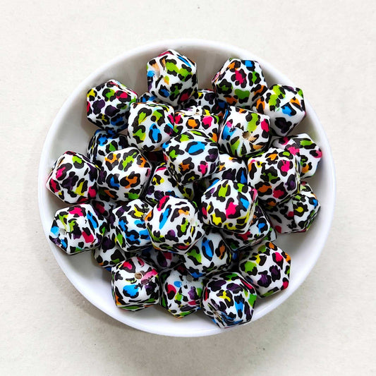 14mm Colorful Leopard Print Silicone Beads - Hexagon - #07