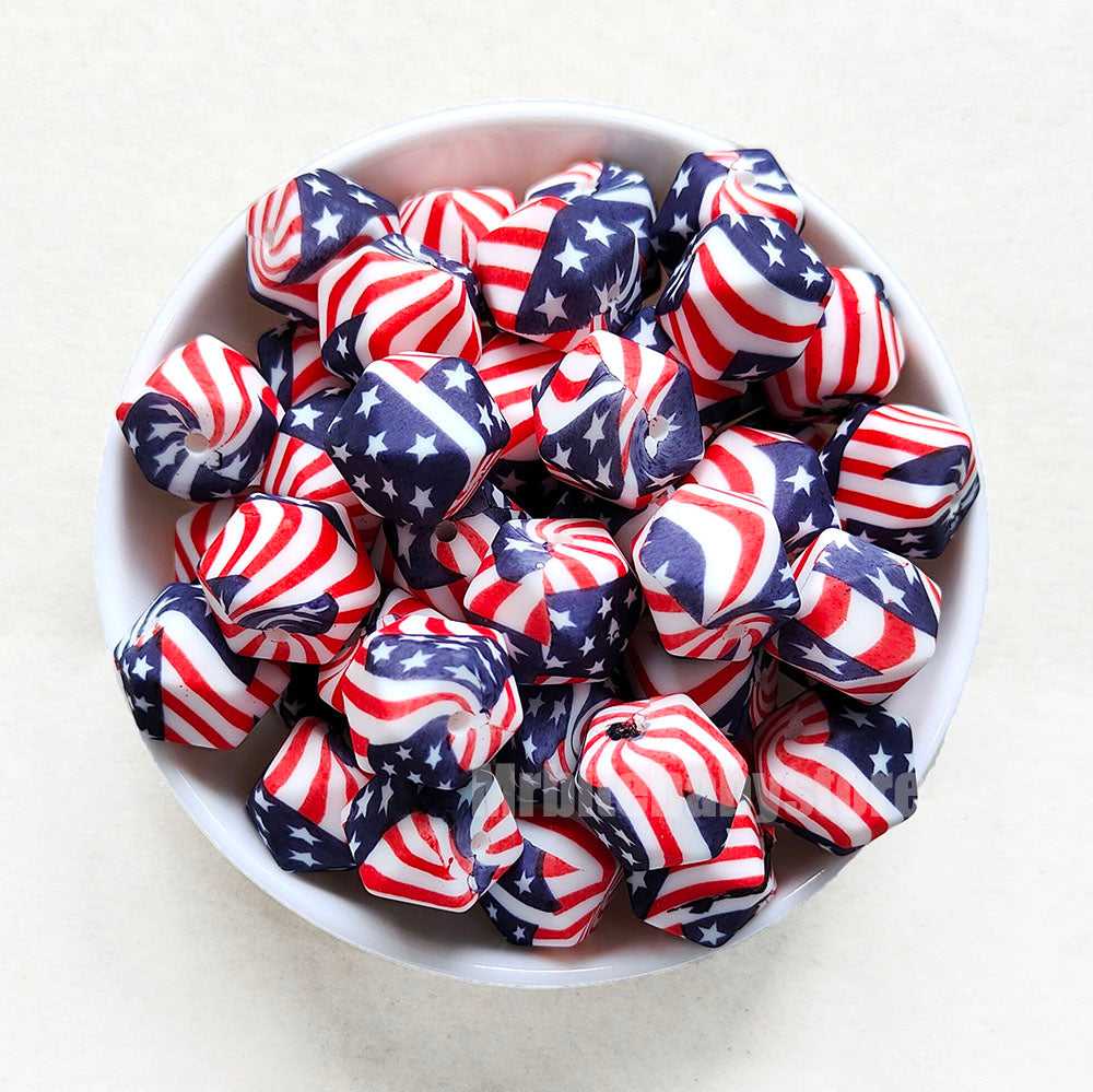 14mm USA Flag Silicone Beads - Hexagon - #105
