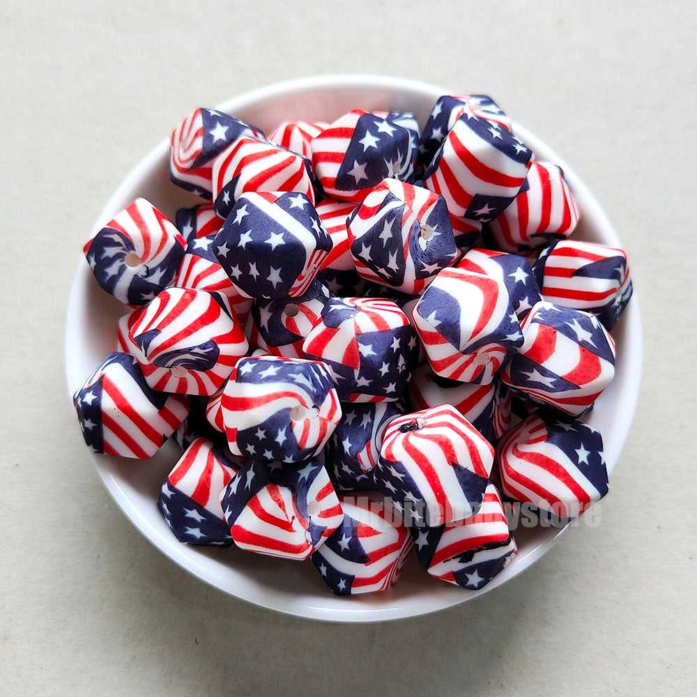 14mm USA Flag Silicone Beads - Hexagon - #105