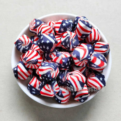 14mm USA Flag Silicone Beads - Hexagon - #105