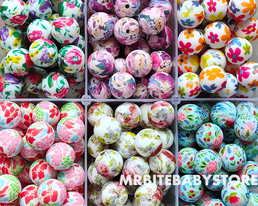Round 15mm Flower Printed Silicone Beads