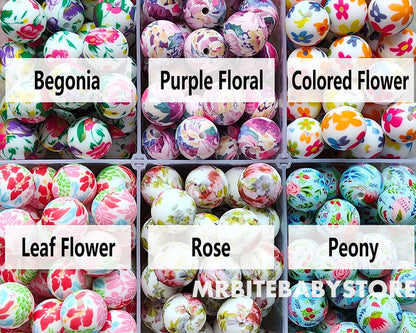 Round 15mm Flower Printed Silicone Beads