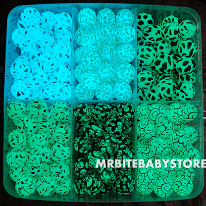 15mm Glow In The Dark/Luminous Print Silicone Beads - Round
