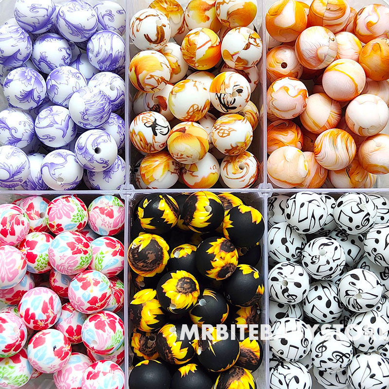 12/15mm Print Silicone Beads, #25 - #48