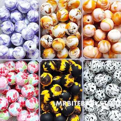 12/15mm Print Silicone Beads, #25 - #48