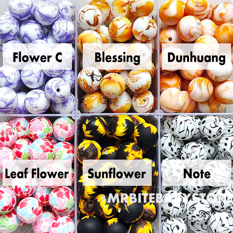 12/15mm Print Silicone Beads, #25 - #48