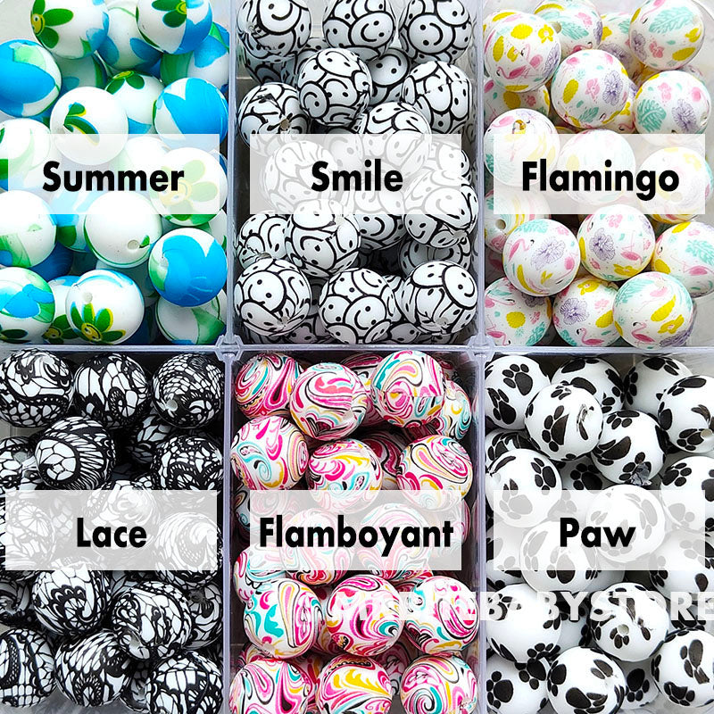 12/15mm Print Silicone Beads, #25 - #48