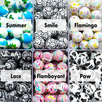 12/15mm Print Silicone Beads, #25 - #48