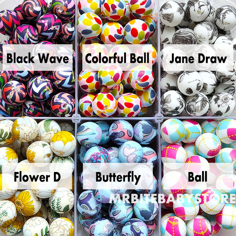 12/15mm Print Silicone Beads, #49 - #77