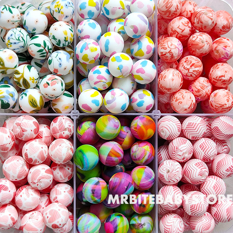 12/15mm Print Silicone Beads, #79 - #123
