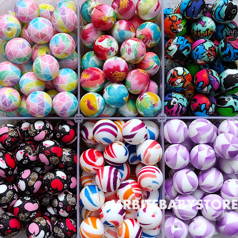 12/15mm Print Silicone Beads, #124 - #130