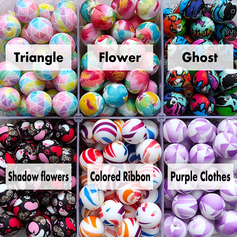 12/15mm Print Silicone Beads, #124 - #130