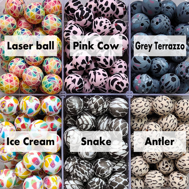 12/15mm Print Silicone Beads - Round