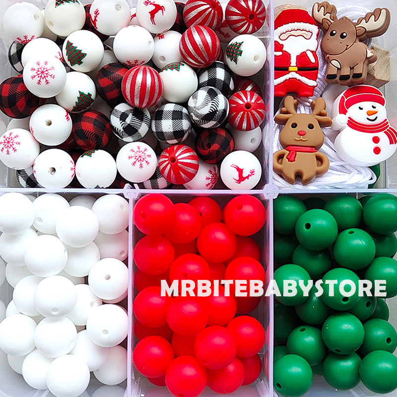 162Pcs Mixed Silicone Beads Kit,Christmas Snowman,Santa Claus,Elk Beads