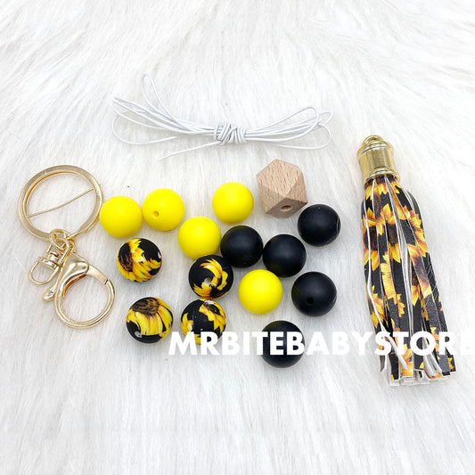 Assorted Set Sunflower Silicone Beads Tassels Keyring