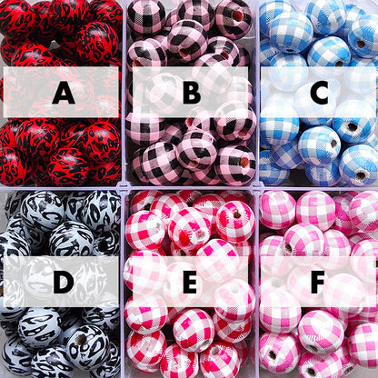 16mm Round Plaid/Leopard Wood Beads